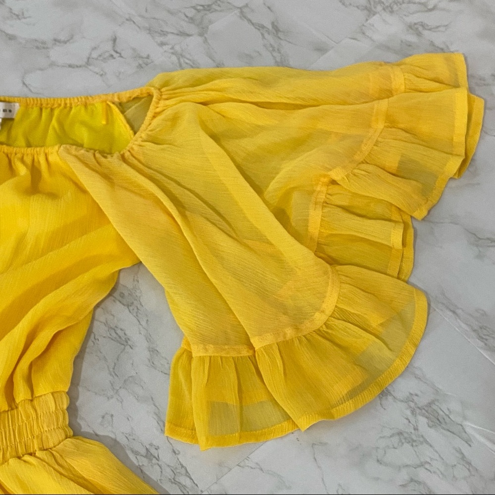 ENDLESS ROSE Yellow Off Shoulder Ruffle Shorts Romper - Picture 9 of 16